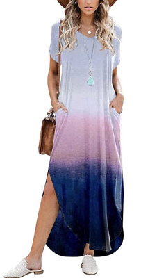 #ad Boho Women#x27;s V Neck Casual Loose Long Dress Short Sleeve Split Maxi dress size S $15.50
