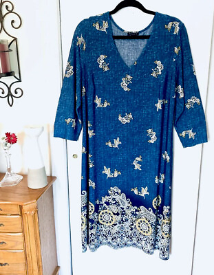 #ad BOHO Sami amp; Jo 1X Plus 3 4 Sleeve Blue w raised Pattern Floral Boho Design Dress $13.50
