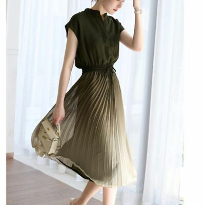 Pleated Long Dress Korean Short Sleeve Elastic Waist Maxi For Women Vestidos New $28.90