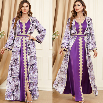 #ad 2PCS Abaya Women Muslim Maxi Dress Sets Caftan Long Robes Evening Party Dresses $56.72