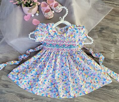 #ad Floral Hand Smocked Embroidered Baby Girl Dress Toddler Girls Birthday Dress. $39.99