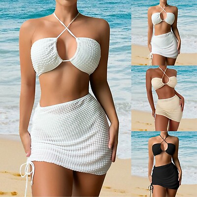#ad Women#x27;s Sexy Bikini Swim Plain Bikini Swimsuit With Beach Skirt Solid Color $21.45