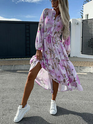 #ad Floral Print V Neck Long Shirt Dress Women Sleeve Dress OL Lady Maxi Dress $54.47