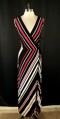 #ad WHITE HOUSE BLACK MARKET Size L Maxi Dress Black White Red Stripes Stretch Knit $39.99