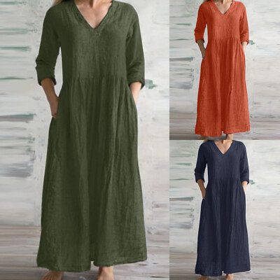 #ad #ad Women V Neck Cotton Linen Maxi Dress Kaftan Casual Baggy Long Dress Plus Size $19.10