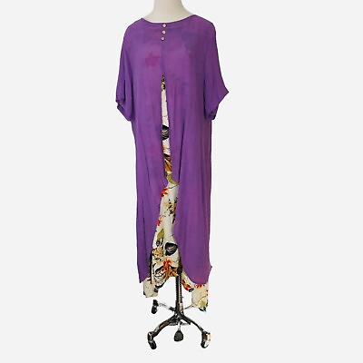 #ad Lagenlook Maxi Dress Plus Size 1XL Purple Ivory Cotton Tropical Floral Layered $30.00