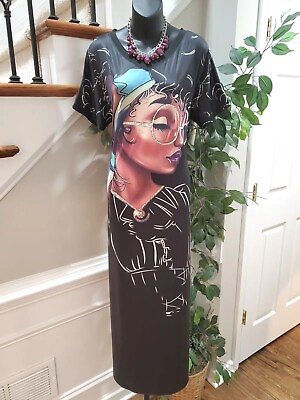 #ad #ad Womens Black Graphic Print Polyester V Neck Short Sleeve Long Maxi Dress Large $35.00