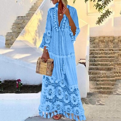 #ad Ladies Boho Maxi Dress 3 4 Sleeve Floral Gypsy Bohemian Hippie Lace Ethnic Dress $34.99