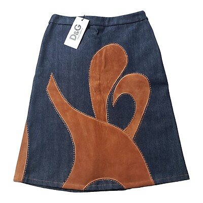 NWT Dolce amp; Gabbana Denim Leather Skirt Women#x27;s 38 Blue Brown A Line Knee Length $99.97