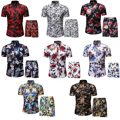 Men Retro Short Sleeve Shirt Shorts Two piece Set Casual Hawaiian Beach Suit $19.45