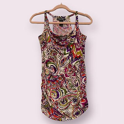 #ad Bisou Bisou Draped Neck Ruched Side Top Tank Size XS Multi Floral Print $14.99