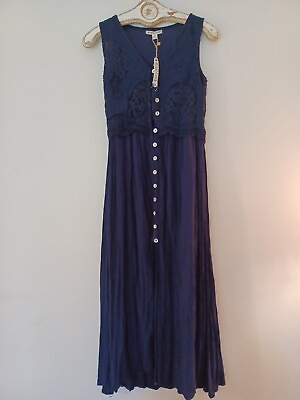 #ad Blue Lace Maxi Dress S Lace Bodice Dark Blue Sleeveless NEW $19.99