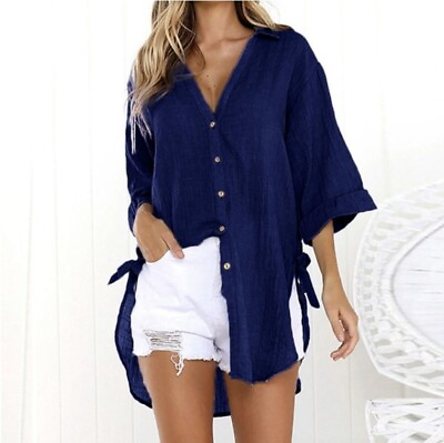#ad Women Casual Cotton Linen V Neck T Shirt Ladies Baggy Tunic Top Blouse Plus Size $18.67