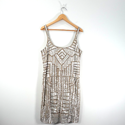 #ad Party Dress Womens Large Beige Sequin Scoop Neck Aztec Silver Allover Sparkle $68.88