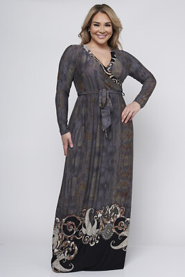 #ad Womens Plus Size Charcoal Paisley Print Wrap Inspired Maxi Dress 1X Tall $27.97