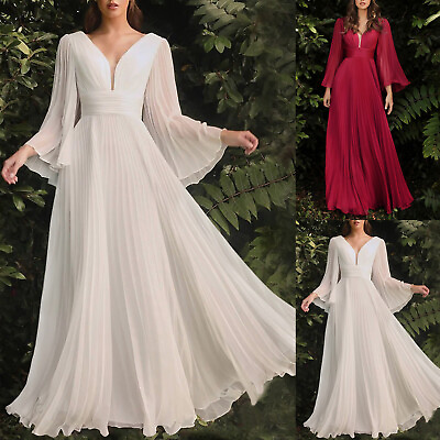 #ad Women Elegant Solid Color Deep V Flare Long Sleeve Maxi Dress Evening Party $66.09
