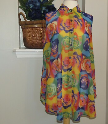 La Palapa Beach Cover up Sleeveless Buttons Colorful Abstract Art Roses Size Med $24.99