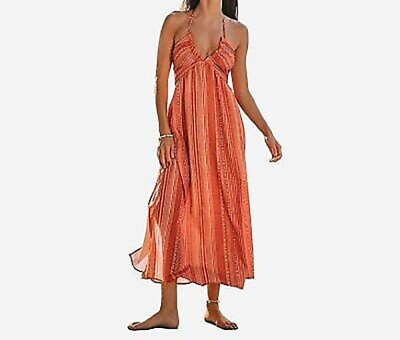 #ad Cupshe Teen Girls Striped Ruffled Halter Maxi Dress Size XS Orange $13.99