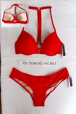 #ad Victorias Secret Swim 2pc Bikini Set 32C SHINE Strap Push up size S Cheeky Red $54.95