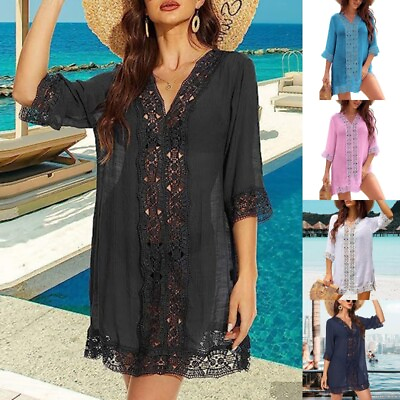 #ad Women Swimsuit Coverup Short Sleeve Beach Cover Up Ladies Loose Holiday Lace $25.49