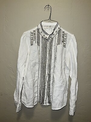 #ad Anthropologie Floreat Button Down Linen White Blouse Beaded Long Sleeve Boho 4 $20.00