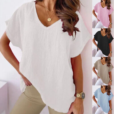 #ad #ad Women T Shirt Blouse Short Sleeve Pullover Tunic Tops V Neck Loose Cotton Summer $15.45