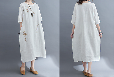 #ad Women Cotton Linen Bohemian Floral Maxi Dress with Pockets Short Sleeve $13.99