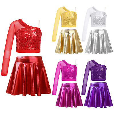 #ad Kids Girl#x27;s Sequins Crop Top with Mini Skirt Outfits Street Dancewear Costume $16.92