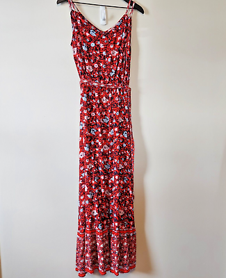 #ad #ad Westport Red Floral Maxi Dress Size Medium Tie Waist Elastic Waist $19.99
