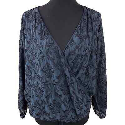 #ad Language Boho Embroidered 100% Silk Blouse Size L Blue Black $46.00