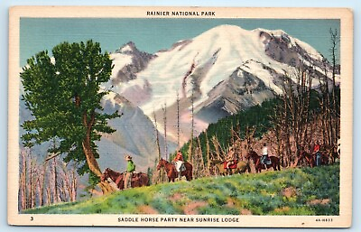 #ad POSTCARD Saddle Horse Party Near Sunrise Lodge Rainier Natl Park Washington $3.95