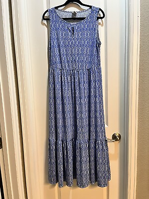 CHICO#x27;S Slinky Stretch Tiered Keyhole Blue White Maxi Dress Size 2P 12 14P $30.00