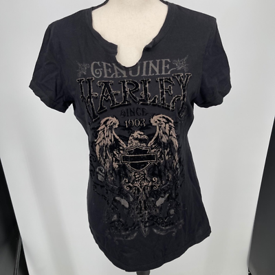 Genuine Harley Womens Graphic T Shirt Black Monterey CA Angel Wings Cotton USA L $15.77
