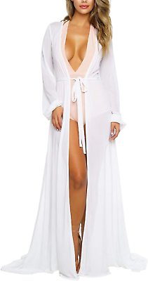 #ad Women#x27;S Sexy Thin Mesh Long Sleeve Tie Front Swimsuit Swim Beach Maxi Cover up D $31.84
