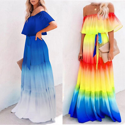 #ad Long Shoulder Dress Women Print Ladies Maxi Holiday Boho Summer Dress Ruffle Off $25.68