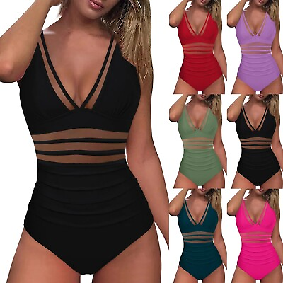 #ad Women#x27;s Tummy Control Swimsuits Mesh Sexy Bathing Suits Slimming V Neck Swimwear $16.98