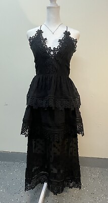 #ad Alu Tiered Lace Embroidered Long Dress Black Size Medium Backless Goth Boho $49.99