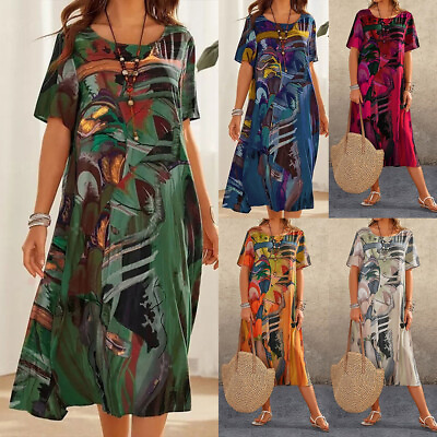 #ad Plus Size 8 22 Women Boho Floral Midi Dress Summer Beach Holiday T Shirt Dresses $23.74