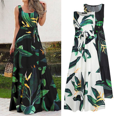#ad Bohemian Dress Women Party Maxi Sundress Sleeveless Floral Ruffles Belt Beach $37.54