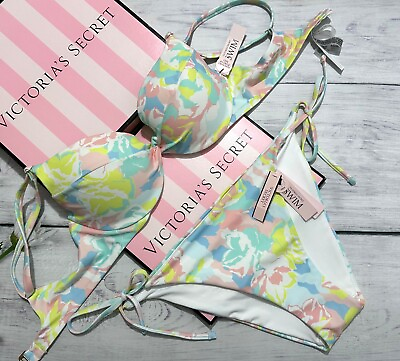 #ad Victoria#x27;s Secret Swim Twist Removable Push Up Bikini Side Tie Bottom Set floral $52.00