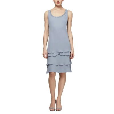 SL Fashions SLNY Women#x27;s Concrete Grey Tiered Chiffon Cocktail Dress Size 14 $69.00