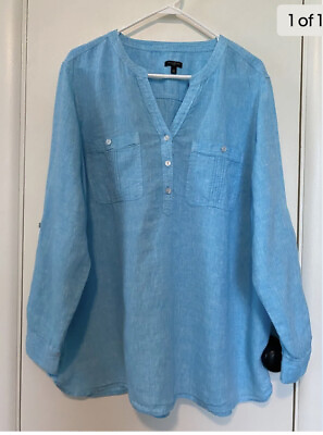 Talbots Women#x27;s Plus Petite Linen L S V Neck Popover Tunic Shirt Top Sz 1Xp Blue $22.00