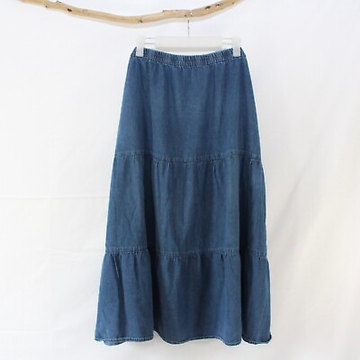 #ad National Long Modest Ruffle Blue Jean Skirt Size 3X 3XL Elastic Waist Denim Maxi $20.00