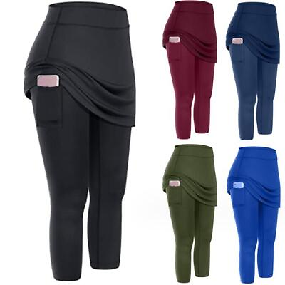 #ad Womens Skirted Leggings Elastic Sports Capris Skirts Yoga Fitness with Pockets $14.39
