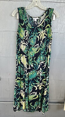 #ad Croft amp; Barrow Sun Dress Women M Green Blue Smocked Tropical Midi Sleeveless $22.99