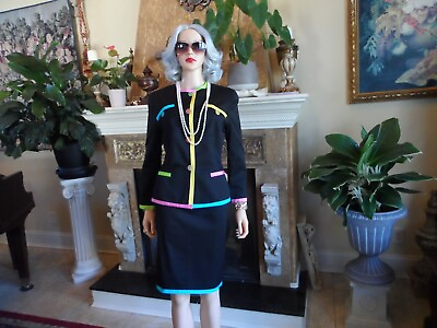 #ad Fendi Black Skirt Suit w Multi Color Grossgrain Trim Detail Size IT 42 US 6 $199.00