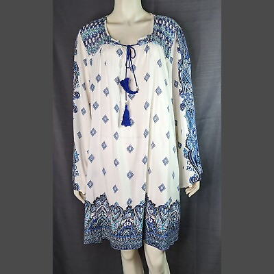 #ad Boho Dress 1X Paisley Blue White Wide Sleeve Tassel Tie Womans Country Festival $24.99