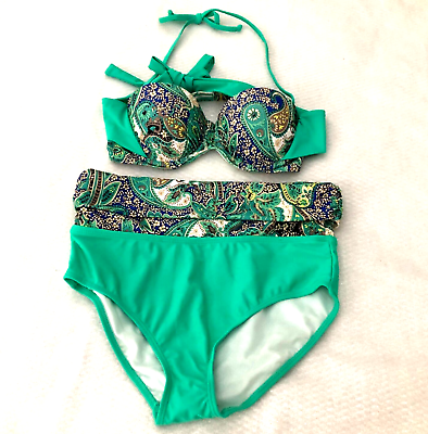#ad #ad Womens Two Piece Swimsuit Sz M Green Paisley Halter Padded High Waist NWOT $13.59