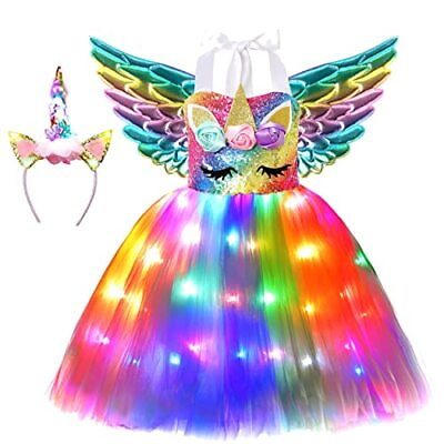 #ad Girls Unicorn Costume LED Light Up Unicorn Princess Dress Birthday Party Outfit $35.53