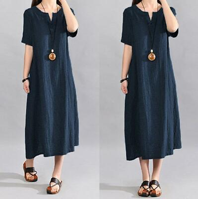 #ad Plus Size Women Casual Kaftan Dress Loose Tunic Long Maxi Dress Cotton Linen 5XL $27.94